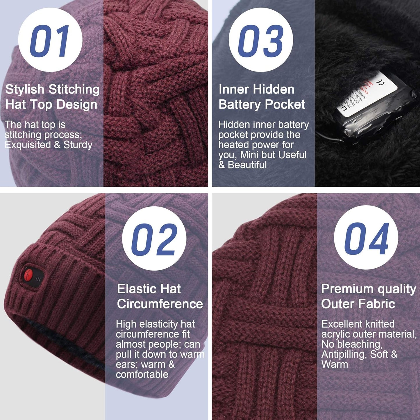 Battery Heated Beanie Hat Rechargeable Heated Hats Warm Winter Heated Cap