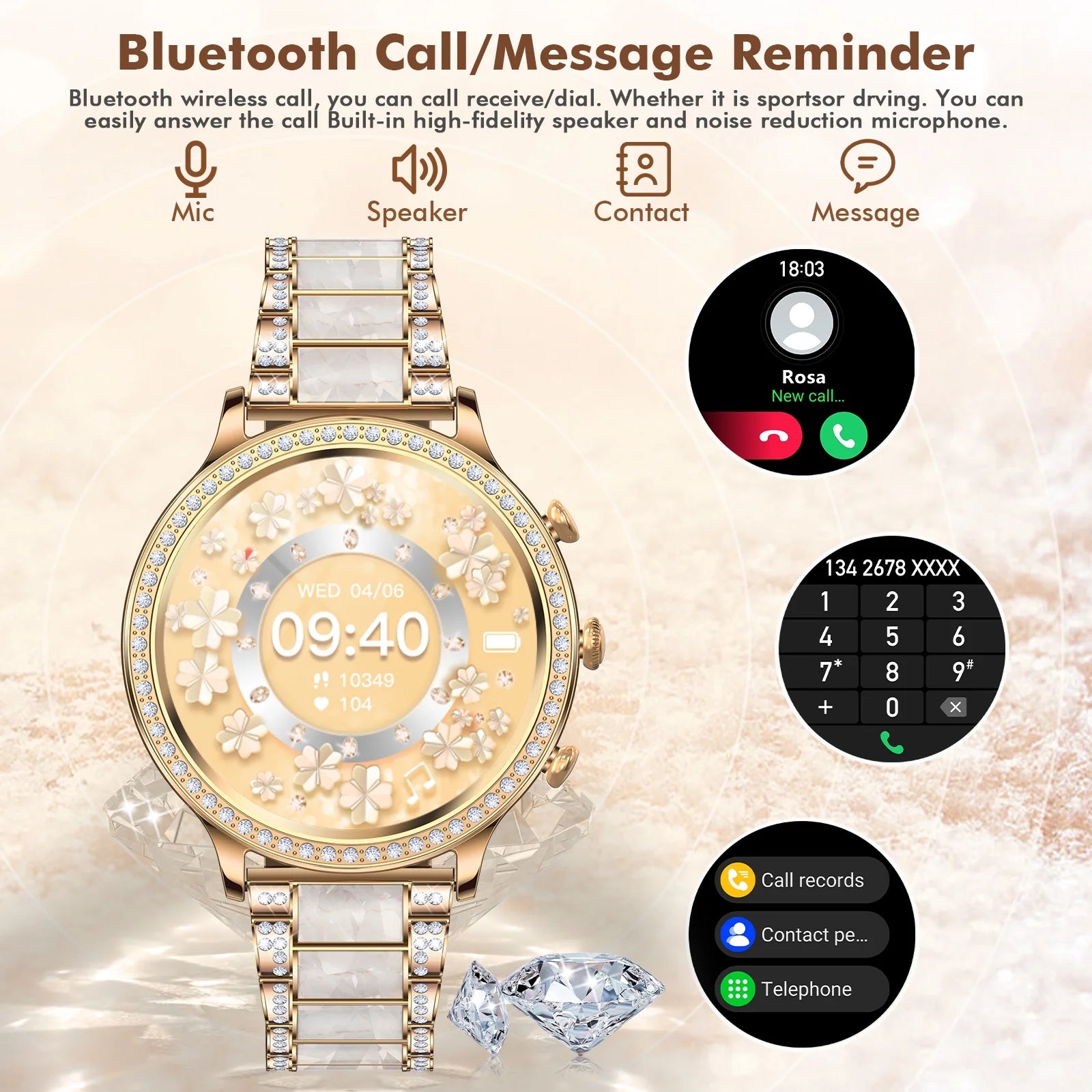 Women'S Smart Watch Calling Watch Android Smart Watch with Call, Text and Camera Smart Watch for Android Devices, Gold